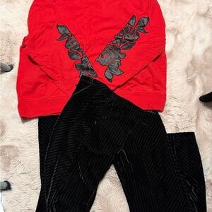 Christmas outfit Red Sweatshirt  with Black Floral Design size M and Black Pants